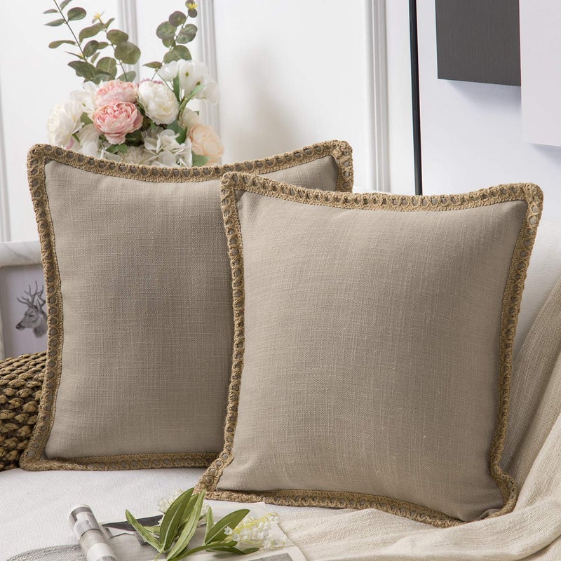 Phantoscope Pack of 2 Farmhouse Decorative Solid Throw Decorative Pillow Cover Burlap Linen Trimmed Tailored Edges Beige 24 x 24 inches, 60 x 60 cm - Image 1